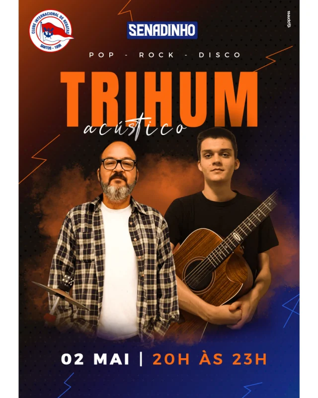 A próxima atração do Senadinho do Inter será Trihum acústico, com o melhor do pop, rock e disco.  Associados têm acesso livre e a entrada dos seus convidados é R$18 (para menores de 13 anos) e R$ 37 (a partir de 13 anos).