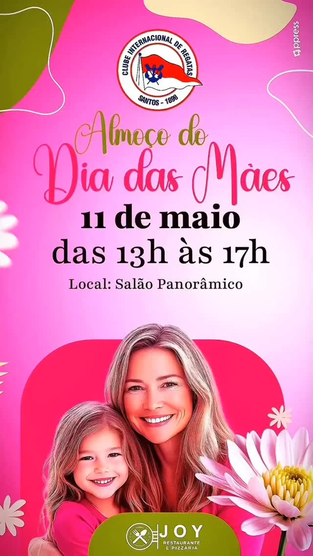 Para homenagear quem cuida, apoia e transforma todos os dias, o Clube Internacional de Regatas realizará o tradicional Almoço de Dia das Mães no Salão Panorâmico, em 11 de maio, das 13h às 17h. A celebração reunirá a Família Vermelhinha ao som da música ao vivo da cantora Maricene Espindola. 
O cardápio será preparado pelo Joy Restaurante e incluirá couvert, mesa de saladas, pratos quentes, sobremesas, refrigerante e água.  Além disso, a Oriental Móveis montará o "espaço instagramável" na entrada do salão para as donas da data registrarem o momento com seus familiares. 
Os convites são limitados, e as mesas devem ser reservadas na Administração do Clube com Gláucia ou Gisely, de segunda a sexta-feira, das 8h às 18h, ou aos sábados, das 8h às 12h45.  *Investimento*
0 a 6 anos: isento
7 a 12 anos: R$ 80,00
Acima de 13 anos: R$ 150,00  *Cardápio* (bebidas alcoólicas serão cobradas a parte)
Entrada:
Mesa de saladas, pães variados, patê de azeitonas pretas, patê de tomate seco, salada tropical, salada de grão de bico com bacalhau, mix de folhas com figo e nozes, carpaccio de pupunha com tomate, cuscuz de camarão, tábua de queijos e terrine de salmão.
*Pratos quentes:*
Arroz com lascas de amêndoas, penne à putanesca, risoto de limão siciliano, salmão em musseline de mandioquinha, medalhão de mignon ao molho de vinho, cubos de frango cremoso ao catupiry gratinado, cogumelos salteados com legumes, batata noisette e nuggets.
*Sobremesas:*
Frutas laminadas da época, pudim de leite condensado e panacota de frutas vermelhas.  #diadasmaes
#clube